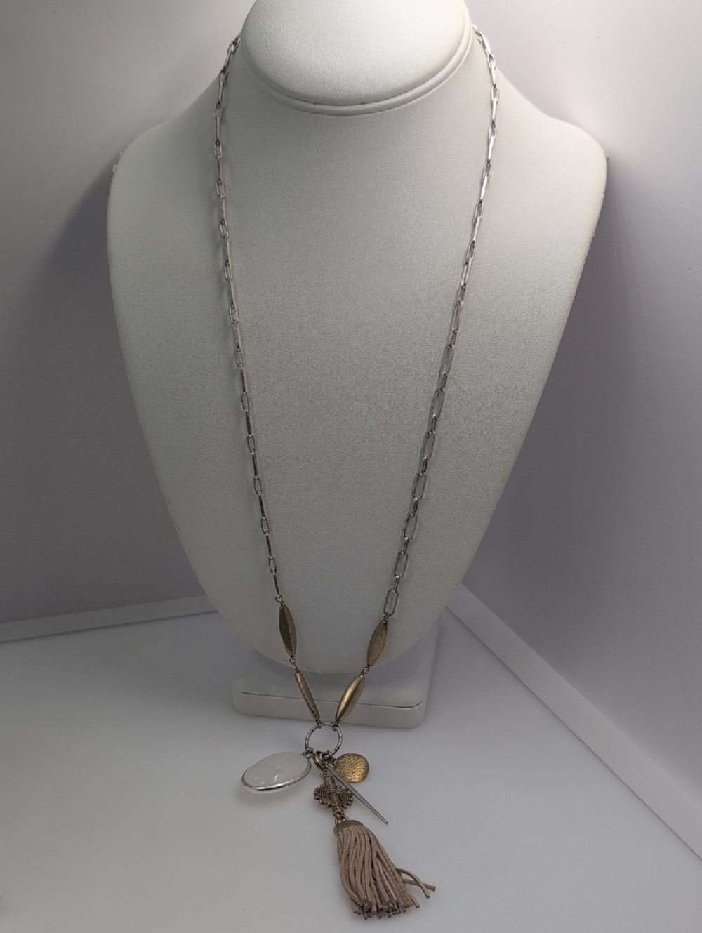 Stella & Dot Silver and Gold Mixed-Metal Chain Necklace with Beige Tassel